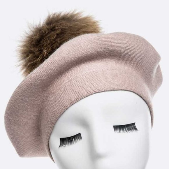 Genuine Fur Pom Cashmere Beret - Blush - Picture 2 of 3